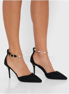 Buy Pearl And Diamante Chain Ankle Strap Pointed Pump in UAE