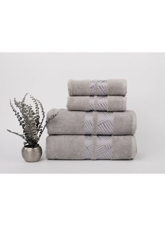 Buy Towel 4 Piece Bathroom  Set - TRACK - 500 GSM - 100% Cotton Terry - Jacquard Border- 2 Bath  70X140 cm & 2 Hand  50x90 cm- Luxury Touch - Extra Absorbent-Silver in Saudi Arabia