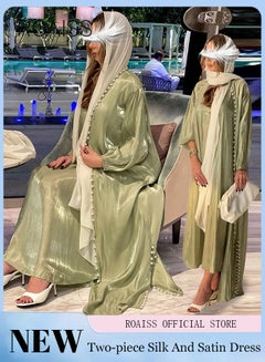 Buy Two Piece Set Ladies Silk Dress Shiny Silk Satin Solid Color Belt Belt Muslim Maxi Dress in UAE
