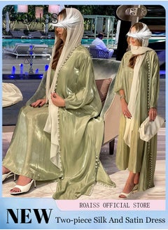 Buy Two Piece Set Ladies Silk Dress Shiny Silk Satin Solid Color Belt Belt Muslim Maxi Dress in UAE