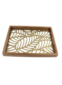 Buy Rectangle Shape Big Leaf Design Wooden Serving Tray Brown And White 38 X 28 X 4 Cm 220539G-L in Saudi Arabia