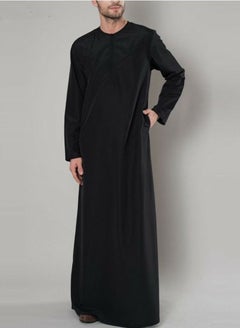 Buy Men's Muslim Robe Thobe Solid Color Round Neck Long Sleeve Kaftan With Pockets Black in UAE