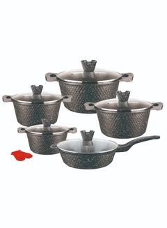 اشتري 12-piece Marble Cookware Set Aluminum Pots And Pans With Non-stick Surface Glass Lids PFOA-free Black 20-24-28-32 Cm (deep Stockpot) + 28 Cm (deep Frying Pan) + Pair Of Gloves في الامارات