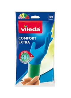 اشتري Vileda Comfort Extra Reusable Rubber Gloves M, Latex,  Absorbent Interior, Protects Your Skin, Blue & Green, Medium Size (1 Pair Per Pack) في الامارات