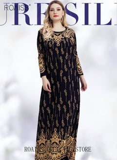 Buy Women's Plus Size Dress Floral Printing Long Loose Flared Sleeve Round Neck Elegant Dresses with Waist Belt Midi Long Dresses for Spring Summer Fall Wedding Party Dating Gold in Saudi Arabia