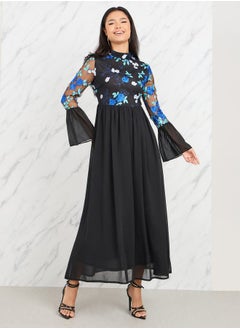 Buy Floral Embroidered Flute Sleeves A-Line Maxi Dress in Saudi Arabia