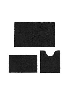 اشتري 3 Pieces Bathroom Rugs And Mats Sets Anti Slip Chenille Bath Rug Super Absorbent Luxury Shaggy Bath Mats Set Perfect Plush Carpet For Tub Shower Bath Room Machine Washable Black في السعودية