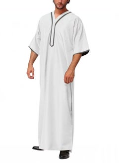اشتري Men's Muslim Loose Robe Thobe V-Neck Short Sleeve Side Split Kaftan White في الامارات