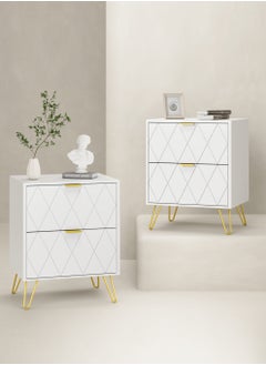 Buy White Nightstand Set of 2, End Side Table Double, Bedside Table with 2 Drawers, Dual Night Stand Metal Legs for Bedroom Living Room in UAE