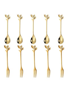 اشتري Stainless Steel Gold Leaf Coffee Spoon Appetizer Fork Creative Tableware Dessert Spoons, Stirring, Mixing, Sugar, Stir, Ice Cream, Fruit, Cake, Teaspoon Set 10 Pieces في الامارات