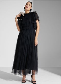 Buy Ruffle Sleeve Plisse Mesh Dress in Saudi Arabia