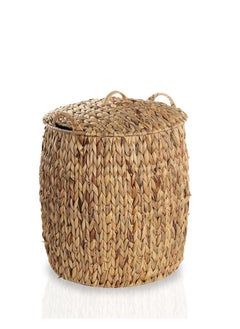 Buy Water Hyacinth Drum Large Basket With Lid Natural 37x27x47 Cm in UAE