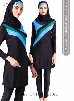 Buy 3-Piece Women Conservative Colorblock Swimsuit Set Muslim Sun Protection Swimwear Swimming Trousers Cap Ladies Loose Beachwear Dress Arab Clothing Black/Blue in UAE
