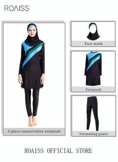 Buy 3-Piece Women Conservative Colorblock Swimsuit Set Muslim Sun Protection Swimwear Swimming Trousers Cap Ladies Loose Beachwear Dress Arab Clothing Black/Blue in UAE