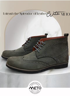 Buy Gray Genuine Leather Embossed Chukka Brogue Boots in Saudi Arabia