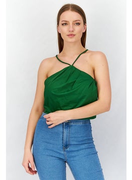 Buy Women Halter Neckline Sleeveless Plain Crop Top, Green in UAE