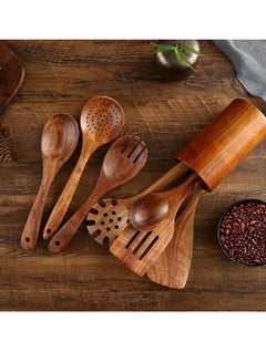 Buy 8pcs/set, Wooden Utensil Set, Wooden Spoons For Cooking Set, Wooden Utensils For Cooking, Safety Cooking Utensils Set With Holder, Non-Stick Cooking Utensils Set in Saudi Arabia