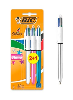 Buy BIC 4 Colours Shine Retractable Ballpoint Pens Medium Point (1.0 mm), Assorted Metallic Barrels, Pack of 3 in UAE