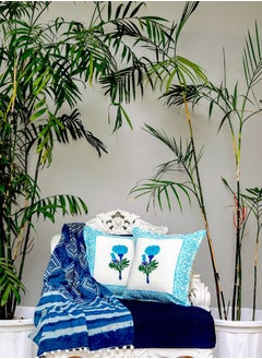 Buy Orchid Blue and White Cotton Hand Block Printed Cushion Cover 40 X 40 Cm in UAE