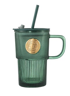 Buy 400ml Green Glass Mug with Straw and Handle for Drinking Perfect for Coffee Juice and Beverages in Egypt