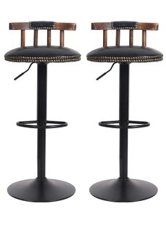 Buy Kitchen Island Bar Stool Chair Set of 2 Black Leather Cushion Barstools Breakfast Chairs Adjustable Counter Height Lift Seat Swivel Tall Wooden Back with Foot Rest Home Pub in Saudi Arabia