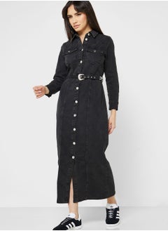 Buy Button Detail Belted Denim Dress in UAE