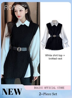 Buy 2 Piece Waist Design Knitted Vest and Long Sleeved White Shirt Top with Belt Lapel Shirt Design Comfortable and Skin Friendly Fabric Solid Color Women Casual Top Suit for Daily Commuting Wear in UAE