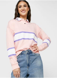 Buy Polo Neck Varsity Style Colorblock Sweatshirt in Saudi Arabia