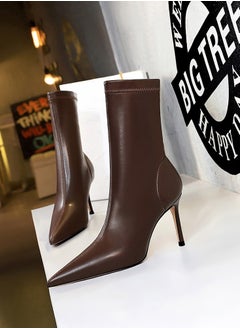 Buy Fashion Simple Slim Heel High Heel Elastic Lycra Pointed Ankle Boots Brown in UAE