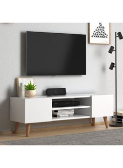 اشتري Home Canvas Etna Modern Tv Stand For Living Room, Tv Unit Media Solid Beech Wood Legs - White في الامارات