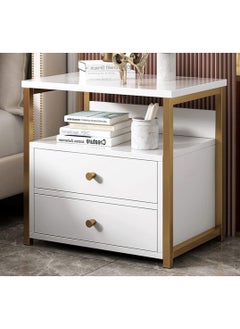 Buy Bedside tables, bedroom living room storage tables Modern bedside table with gold metal frame, bedside table with two drawers, suitable for bedroom living room (White 2 Drawers) in UAE