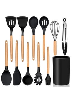 Buy Silicone Kitchen Distribution Set with Wooden Handle 12 Pieces (Black) in Egypt