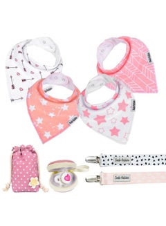 Buy Bandana Drool Bib Set Four 100% Cotton Bibs With Soft Polyester Lining 2 Pacifier Clips Binky Case Pink Gift Bag For Baby Girl Or Boy Shower Adjustable Snap Fit For 3 24 Months in UAE
