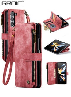 Buy Case for Samsung Galaxy Z Fold5 5G 7.6 Inches Wallet Case, 5 Card Holder Slots and 1 Zipper Book Flip Wallet PU Leather Protective Cover Durable Buckle Flip Strap Wrist Phone Case in UAE