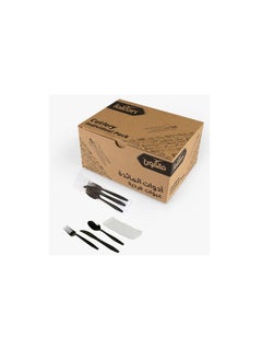 Buy Disposable Individual Cutlery Set Black Spoon Fork Knife Napkin 1 Carton x 500 Pieces in UAE