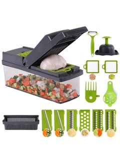 Buy 15-Piece Vegetable Cutter, Multi-functional Vegetable and  Fruit Chopper, Adjustable Slicer and Chopper with Container(Grey/Green) in Saudi Arabia