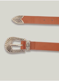 Buy Embellished Large Buckle Belt - Tan in UAE