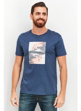 Buy Men Crew Neck Short Sleeve Graphic Print T-Shirt, Navy Blue in UAE