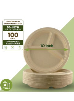 Buy Ecoway [10 Inch - Pack Of 100] Disposable 3 Compartment Plates Made With Bagasse Sugar Canes Microwave & Freeze Safe, Compostable & Biodegradable Dinner Plates, Everyday Tableware Strong & Large Brown in UAE