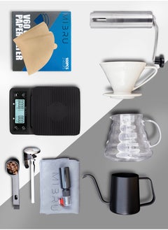 Buy V60 drip coffee maker set black Suitable It consists of a scale barista's kit glass server drip jug coffee filter coffee grinder drip funnel thermometer in Saudi Arabia