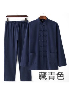 Buy Mens Cotton-Linen Tang Suit Set Autumn Navy blue in UAE