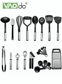 Buy 24 Pieces Kitchen Cooking Utensil Set with Stainless Steel Holder Collection for Turner Tongs Spatula Spoon Brush Whisk in UAE