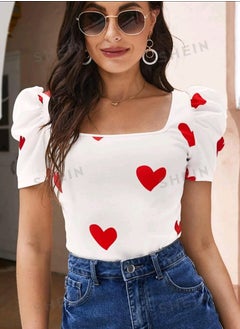 Buy SHEIN Privé Heart Print Puff Sleeve Summer Tee in Egypt