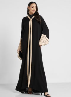 Buy Embellished Front Open Black Abaya With Sheila in UAE