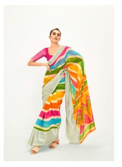 Buy Georgette Multicolor Print Saree With Silver Border And Pink unstitched blouse in UAE