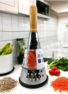 اشتري Easy Grip Wooden Handle Stainless Steel Conical Grater Silver with 3 Side Grading في السعودية