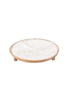 Buy Legna Ribbed Serving Platter With Foot Dia35x7cm - White & Natural in UAE