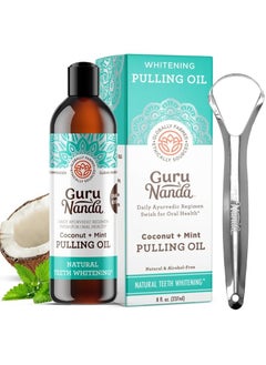 اشتري GuruNanda Oil Pulling (8 Fl.Oz) with Coconut & Peppermint Oil with Tongue Scraper Inside the Box - Natural, Alcohol Free Mouthwash to Help With Fresh Breath, Teeth Whitening and Healthier Teeth & Gums في الامارات