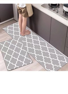 Buy 2-Piece Kitchen Floor Mats Set made Made of PVC + Technical Velvet Strong water Absorption Non-slip Grid Floor Mats Set Grey/white 120 x 40 and 60 x 40 Centimeter in UAE