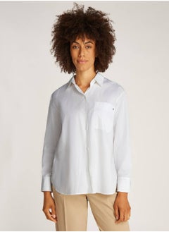 Buy Women's Poplin Easy Fit Casual Long Sleeve Shirt, White - Cotton in UAE